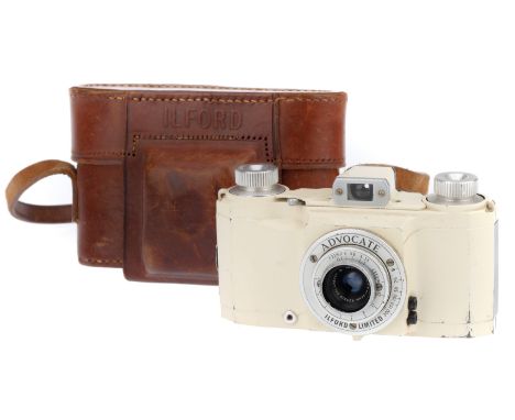 An Illford Advocate 35mm Viewfinder Camera, white, body G, some light areas of wear, shutter working on speeds faster than 1/