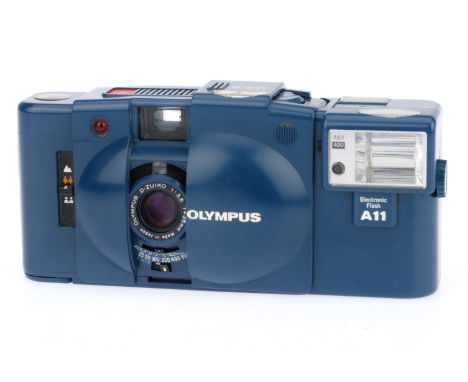 An Olympus XA2 Compact Viewfinder Camera, blue, body F-G, usage marks on the base, shutter working, battery tested, appears t