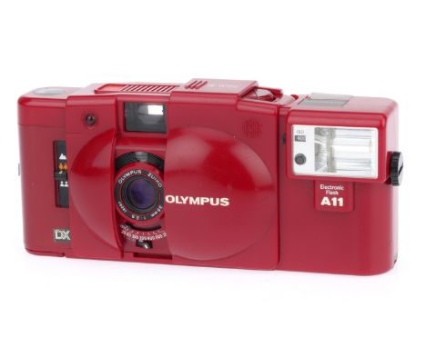 An Olympus XA3 Compact Viewfinder Camera, red, body G, shutter working, battery tested, metering does not seem to work, shutt