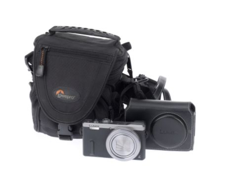 A Panasonic Lumix DMC-TZ60 Digital Compact Camera, dark grey, body VG, light surface marks to LCD, 2 batteries, USB charging 