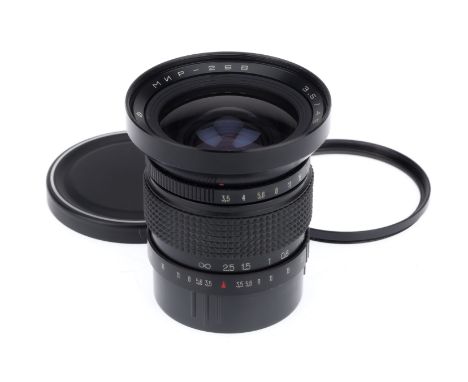 A Mir-26B f/3.5 45mm Camera Lens, black, serial number 911121, barrel VG, aperture and focus action G, optics VG with very li