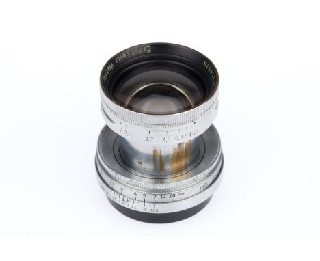 A Leitz Wetzlar Summitar f/2 5cm Lens, chrome, serial number 618518, barrel G, optics F-G with small fungus spots and light h