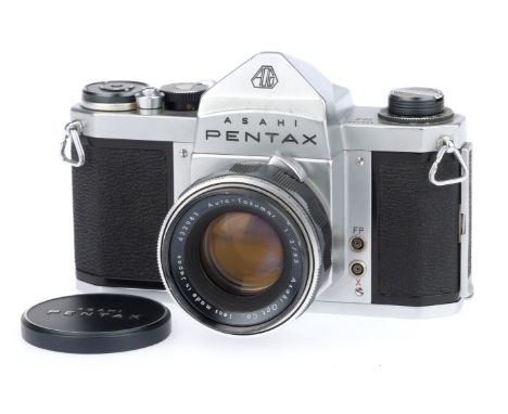 A Pentax H2 35mm SLR Cameras, silver, serial number 338294, body G, minor mark to prism cover, shutter works, with a super Ta