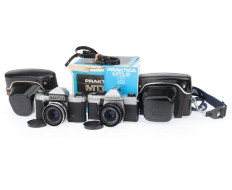 A Pair of Praktica 35mm Film Cameras, comprising a MTL5B, silver, body VG-E, shutter working, with Carl Zeiss Jena Tessar f/2