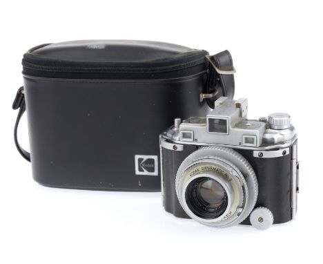 A Kodak Medallist Rangefinder Camera, chrome, body G, focus action G, shutter speeds not accurate, shutter works intermittent