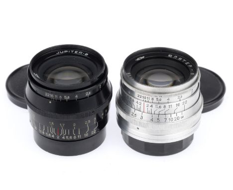 A Pair of Soviet Camera Lenses, comprising a Krasnogorsk Jupiter-8 f/2 50mm, black, screw mount, barrel VG, optics G with lig