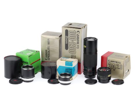 A Selection of Canon 35mm Camera Lenses, comprising a FD f/2.8 24mm lens, barrel VG, optics G, light dust, with caps and make