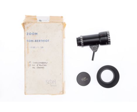 A Som Berthiot f/3.8 17-85mm Cine Zoom Lens, black, serial number T46330, barrel VG, iris action good, lever action zoom good