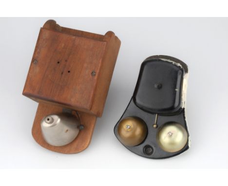 A Pair of Wall Mount Bell Sets, one wooden, unpolished, silver coloured single bell, and a metal one, black, double gong, GPO