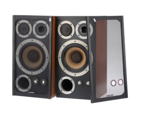 A Pair of Wharfedale E.Fifty Loudspeakers, wood finish, condition F, one speaker is only lightly marked on top, the other has