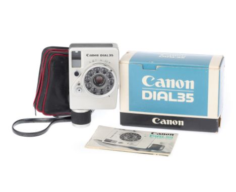 A Canon Dial 35 Half Frame Film Camera, silver, body G, controls operate freely, not battery tested, with soft case, maker's 