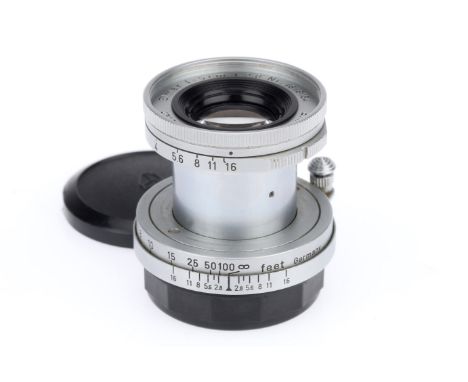 A Leitz Wetzlar Elmar f/2.8 5cm lens, silver, serial number 1618154, barrel VG, optics G with light haze and a cleaning mark 