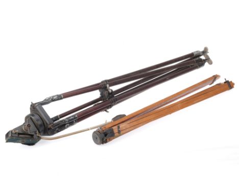 Two Cine Tripods, comprising a W. Vinten large fibreglass and metal tripod, F, one leg needs attention, and a Sherwoods Arrow