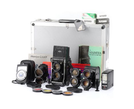 A Mamiya C330 Professional TLR Medium format Camera Outfit, black, serial number 0144403, body VG-E, focus works, frame count