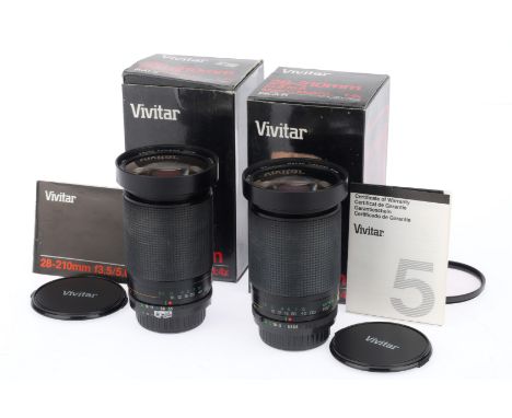 A Pair of Vivitar f/3.5-5.6 28-210mm Macro Zoom Lenses, comprising serial number 09912961, Nikon Ai mount, black, barrel VG, 