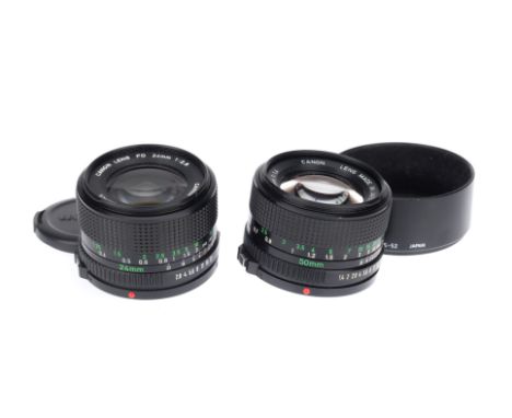 A Pair of Canon FD Camera Lenses comprising a f/1.4 50mm prime, barrel VG, optics G with light dust, with front cap, and a f/