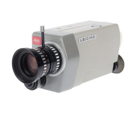 A Leitz Leicina Cine Camera, grey, G, untested, battery holder has corrosion, lens is Leicina f/1.8 7.5-35 zoom, G.