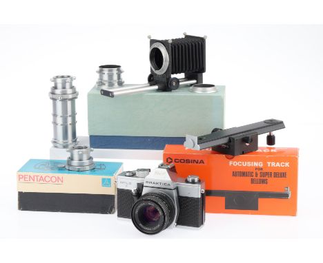 A Pentacon MTL3 35mm SLR and Accessories, comprising a MTL3, silver, body VG, shutter working, with a Pentacon /1.8 50mm lens