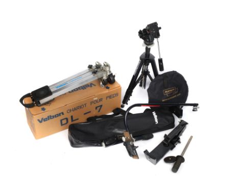 A Mixed Selection of Studio Equipment, to include a Velbon DL-7 tripod dolly, as new, in maker's box with soft case, a Hague 