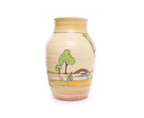 CLARICE CLIFF FOR WILKINSON BIZARRE 'GLORIA BRIDGE' PATTERN VASE, of ribbed bulbous form, hand painted with trees in a river 