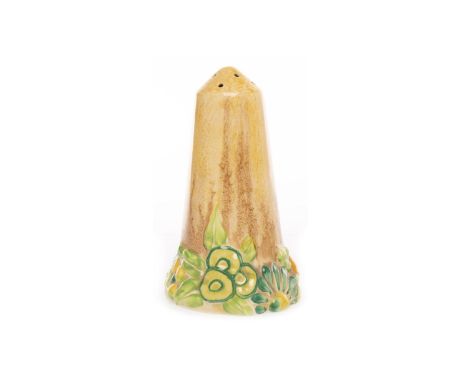CLARICE CLIFF FOR WILKINSON BIZARRE 'MY GARDEN' PATTERN SUGAR CASTER, the tapering body with moulded floral base, hand painte