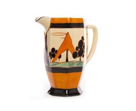 CLARICE CLIFF FOR WILKINSON FANTASQUE 'ORANGE TREES AND HOUSE' PATTERN JUG, of Athens shape, hand painted with trees within o