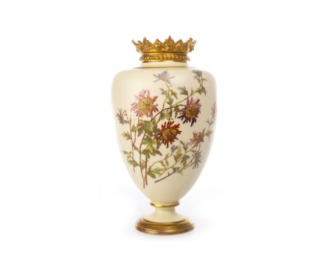 ROYAL WORCESTER PEDESTAL VASE, the shouldered body with moulded gilt crown, hand painted with flowers, printed marks, signed 