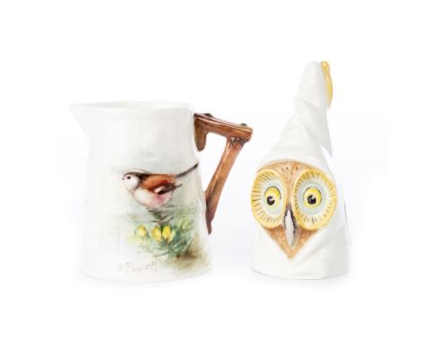 ROYAL WORCESTER CREAM JUG BY J POWELL, hand painted with a long tailed tit, printed and painted marks to base, 6.2cm high; al