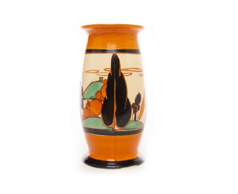 CLARICE CLIFF FOR WILKINSON FANTASQUE 'ORANGE TREES & HOUSE' PATTERN VASE, of swollen form with flared rim, hand painted with