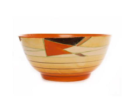 CLARICE CLIFF FOR WILKINSON BIZARRE FRUIT BOWL, the footed circular bowl hand painted with geometric designs on a graduated o