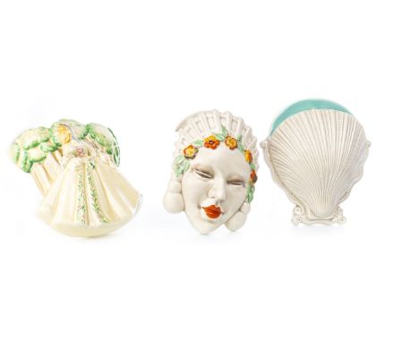 CLARICE CLIFF FOR WILKINSON WALL MASK POCKET, moulded as a woman wearing a floral headress, printed marks to verso, 18.5cm hi