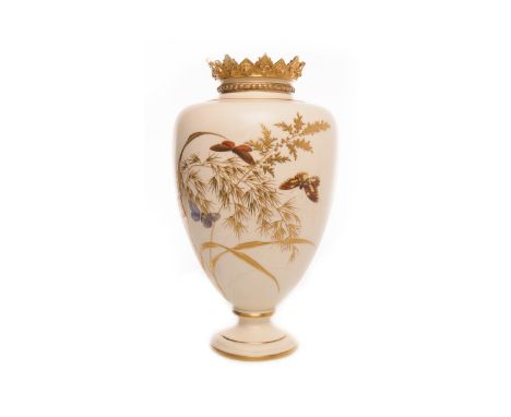 VICTORIAN ROYAL WORCESTER PEDESTAL VASE, the shouldered body with moulded gilt crown, hand painted with butterflies amongst b