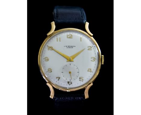 A Gentleman's Manual Wind Wristwatch, by J W&nbsp; Benson of London,&nbsp;33mm diameter 9ct gold case,&nbsp;inscribed to the 