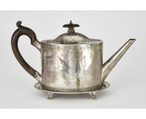 A George III Silver Oval Teapot and Stand of Neo-Classical Design, the teapot by Robert Hennell, London 1786, engraved with b