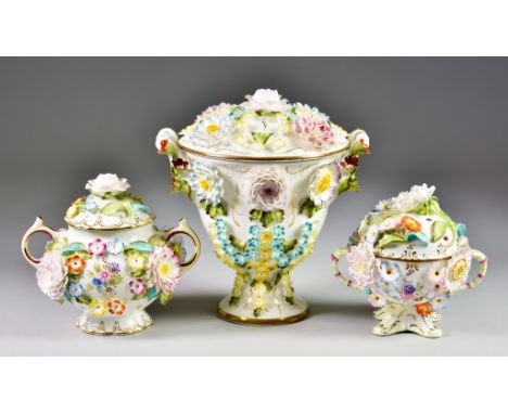 Three Pieces of Coalbrookdale by Coalport Floral Encrusted Porcelain, comprising: - a two-handled urn-shaped jar and cover 7.