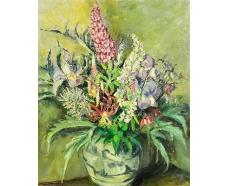 Clare Atwood (1866-1962)&nbsp;- Oil painting - Still life with Chinese blue and white ginger jar of mixed flowers, signed and