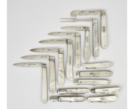 A George V Silver and Mother-of-Pearl Apple Peeler, Four Forks, and Ten Fruit Knives, the peeler by George Leonard Allen, She