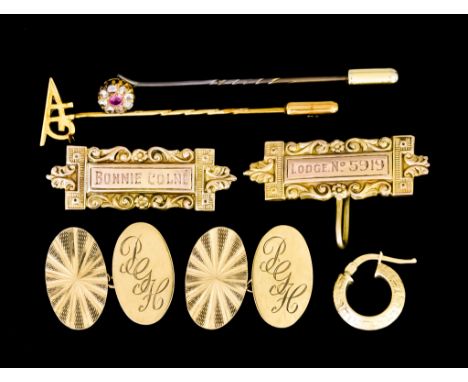 A Small Quantity of 9ct Gold, comprising - two medal suspension badges for a Masonic or other order medal, a pair of cuff lin