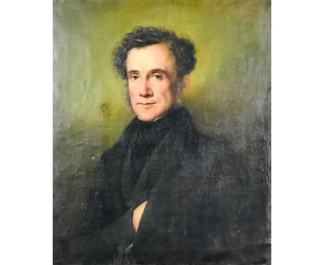 Late 18th/ 19th Century British School - Oil painting - Half-length portrait of a gentleman wearing black overcoat, canvas, 2