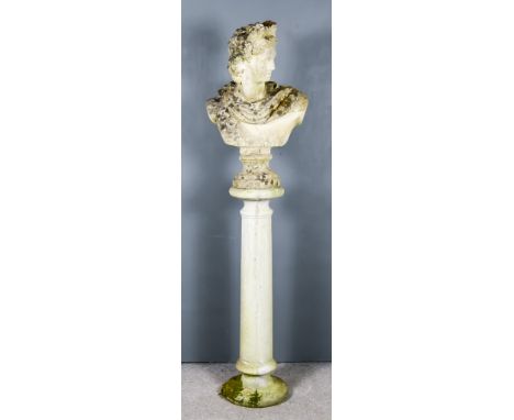 A Limestone Carving of the Apollo Belvedere, after the antique, 28.5ins high, and a matching reconstituted stone column, 10in