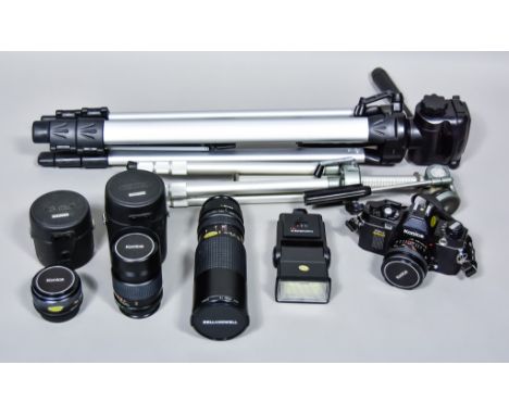 A Quantity of 35mm Camera Equipment, including - an Olympus Pen-F Camera, with case, in box, serial no. 27481, an Olympus Ada