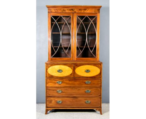 A George III Figured Mahogany and Satinwood Inlaid Secretaire Bookcase, the upper part with moulded cornice, plain frieze, fi
