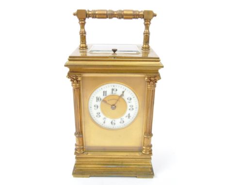 Benetfink &amp; Co - French 19th Century brass repeater carriage clock. With a carry handle to top enamel face with Roman num