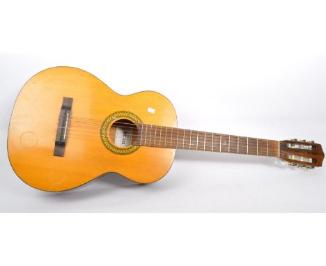 Spanish acoustic guitar labelled KC 333 inside - Vintage 20th Century with inlaid decoration - has some scuff marks to side w