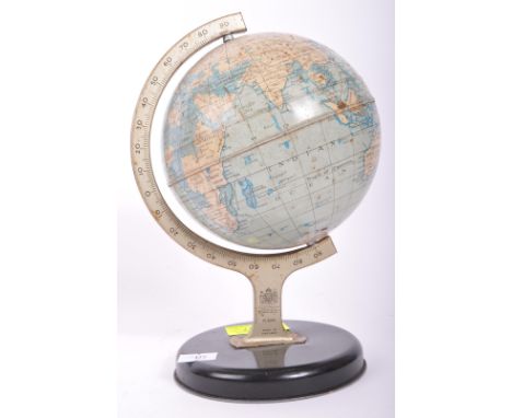 A vintage retro mid 20th century circa. 1950's Chad Valley desk top globe held upon a chrome metal frame over circular ebonis