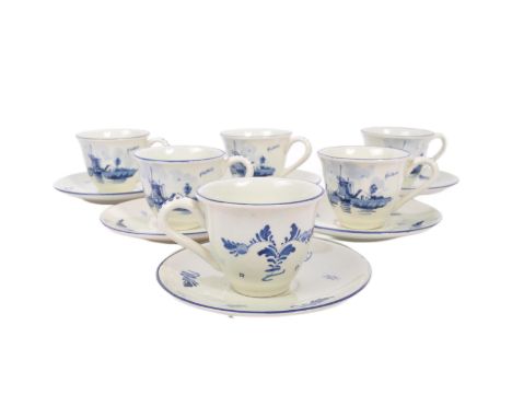 A set of six vintage 20th century Dutch&nbsp;Delfts Blauw 'Regina' ceramic blue and white hand painted with windmill motifs c