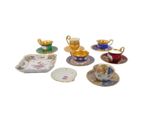 A collection of 19th Century Dresden tea cup &amp; saucers. One having gilt and blue decoration with floral and foliate patte