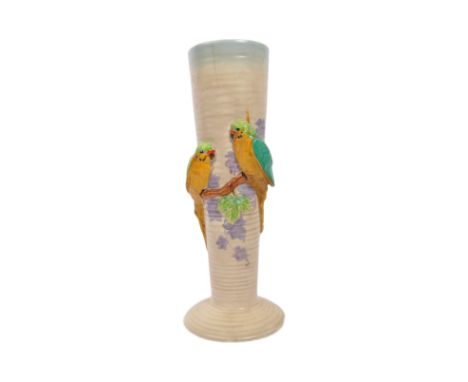 Clarice Cliff - A vintage circa. 1940's Clarice Cliff funnel vase having parrot decoration modelled in relief to body. Condit