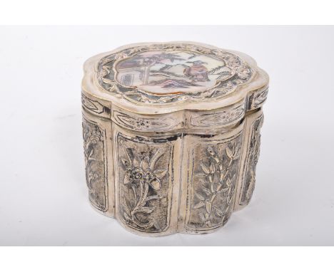 An early 20th century circa. 1920's Chinese silver plate and abalone tea caddy. The tea caddy being of scalloped form with ab