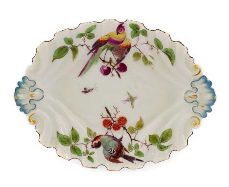 A Chelsea Porcelain Silver Shaped Dish, circa 1760, painted with exotic birds perched on fruiting branches within brown line 